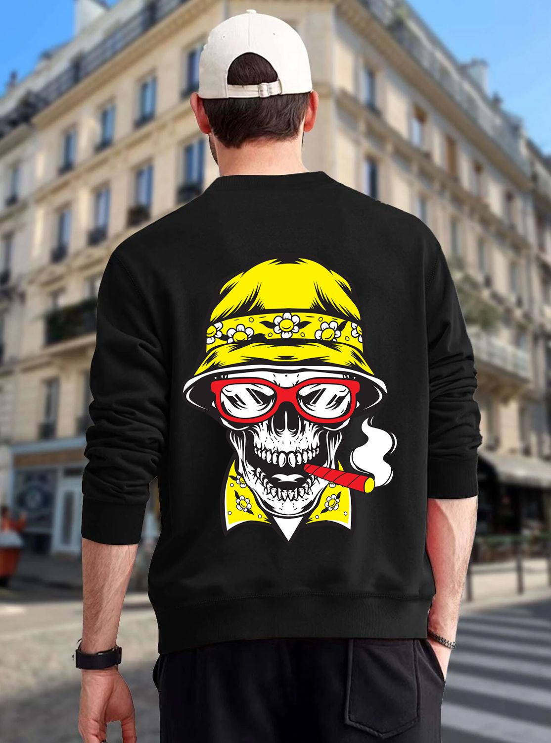 SCOTT FINCHER Men's Black Sweatshirt with Yellow Skull Graphic Design : AA(RSSWT)BLACK_146