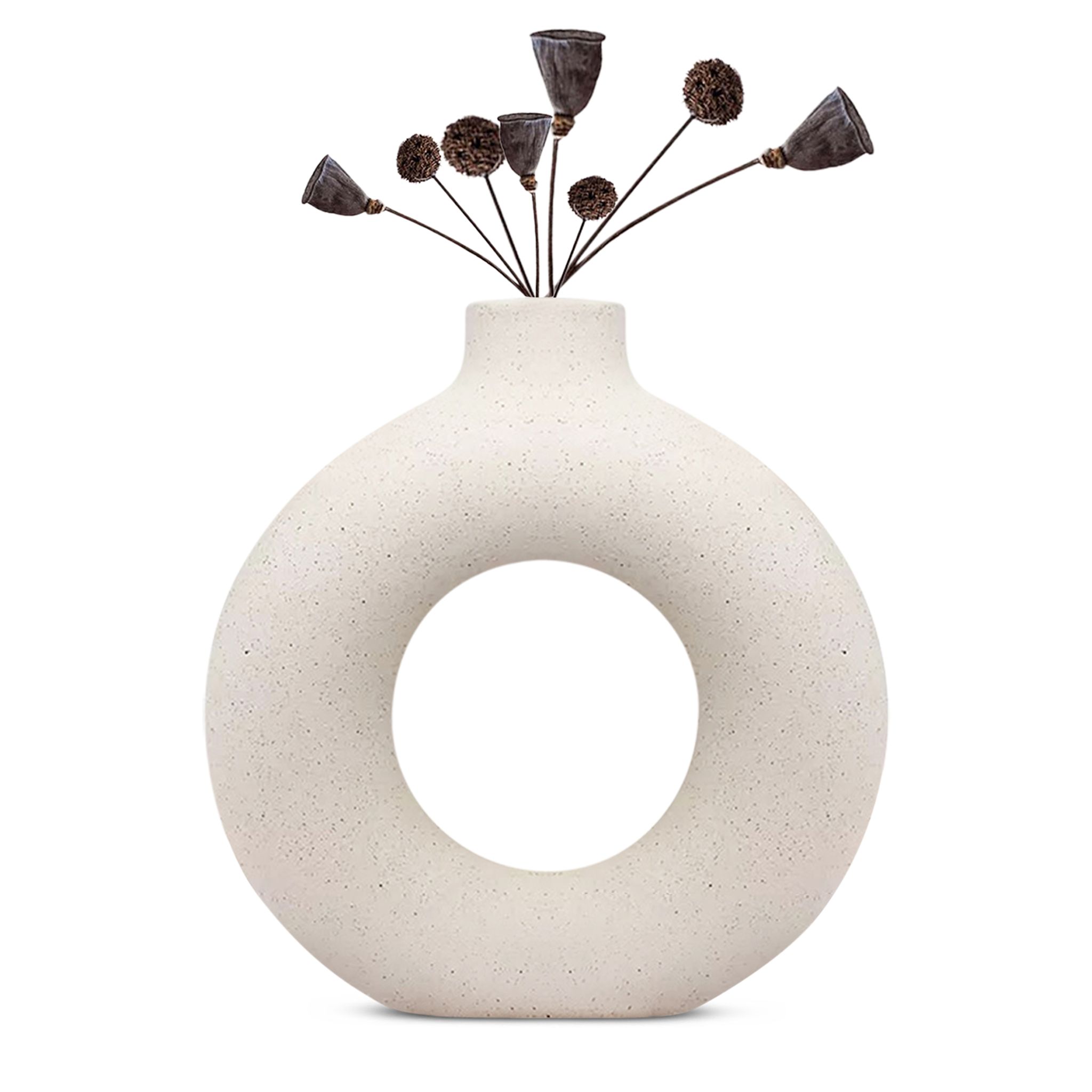 White Vase/ Office Desk Flower Vase Pampas Grass Vase Reinforced Ceramic Vase Round Shaped Vase Home Decor Centrepiece/ Decor Showpiece Donut Vase-6 in Pack of 1