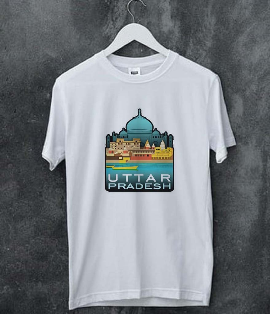 Premium Men Uttar Pradesh Printed White Round Neck Half Sleeves Polyester T-Shirt for Men | Bloo