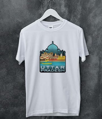Uttar Pradesh Printed White Round Neck Half Sleeves Polyester T-Shirt for Men | Blood Moon Brand | Cool UP Graphic Tee | Trendy Casual Wear for Boys & Men