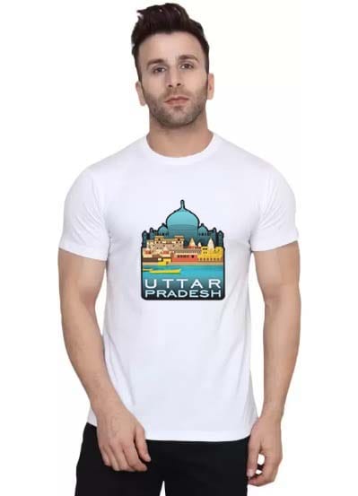 Premium Men Uttar Pradesh Printed White Round Neck Half Sleeves Polyester T-Shirt for Men | Bloo