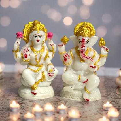 Lord Laxmi Ganesh Murti Idol Look Marble Best for Puja H 10.5 cm-Composite Marble