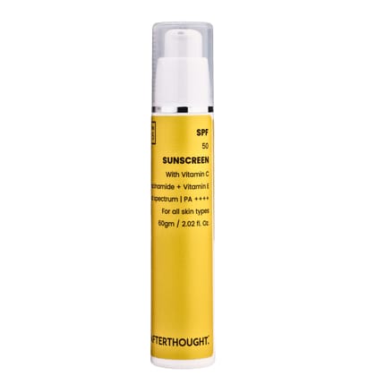 Afterthought SPF 50 Sunscreen with PA++++ | Lightweight & Non-Greasy Formula with Multi-Vitamins & Vitamin C | 0% White Cast | Broad Spectrum Protection for All Skin Types | Men & Women | 60g