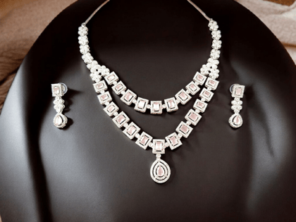  Stunning Silver Plated Diamond Necklace Set with Earrings for Girls & Women