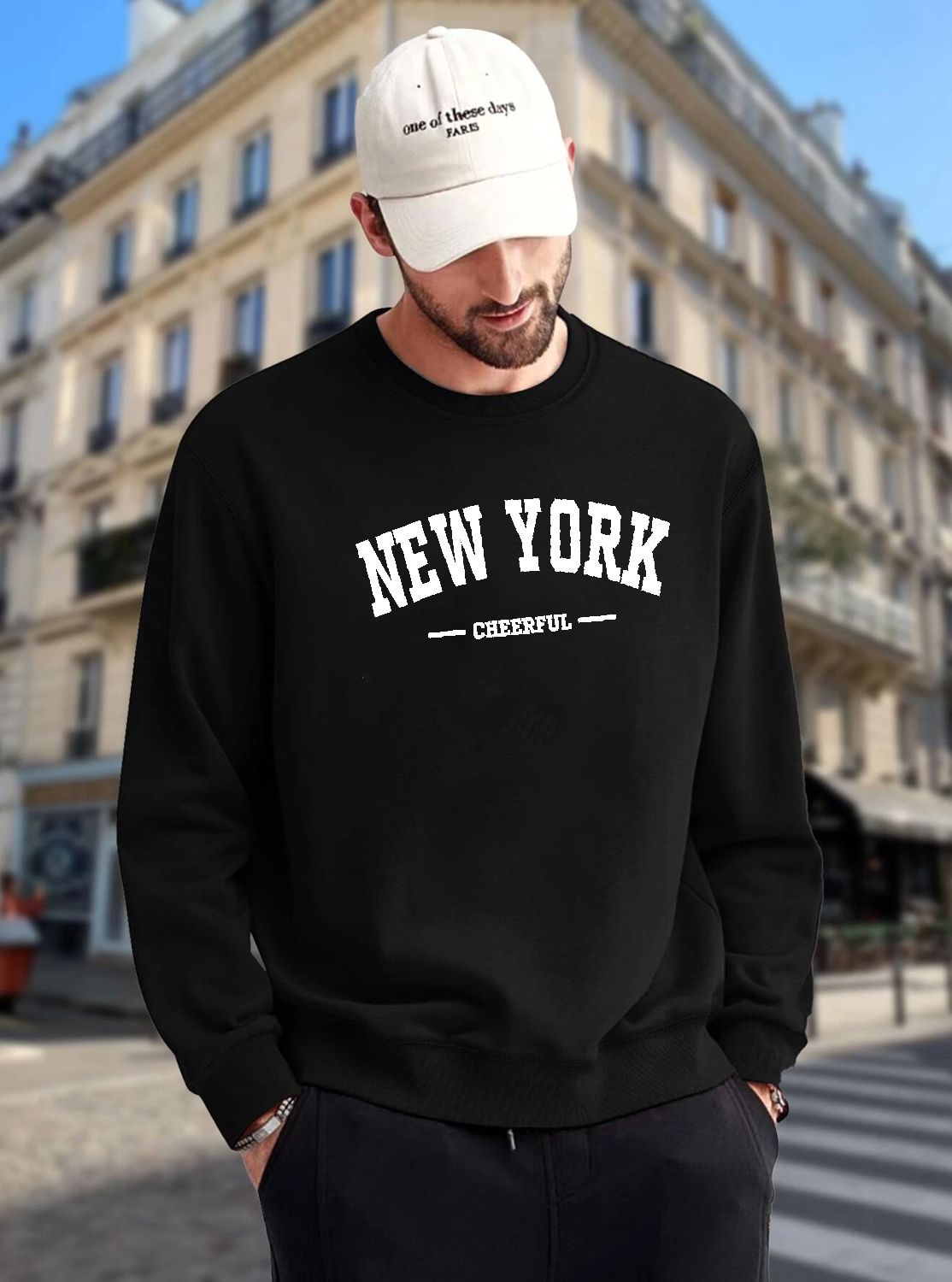 SCOTT FINCHER Men's New York Cheerful Sweatshirt, Casual Long Sleeve Pullover Tops : AA(RSSWT)BLACK_236