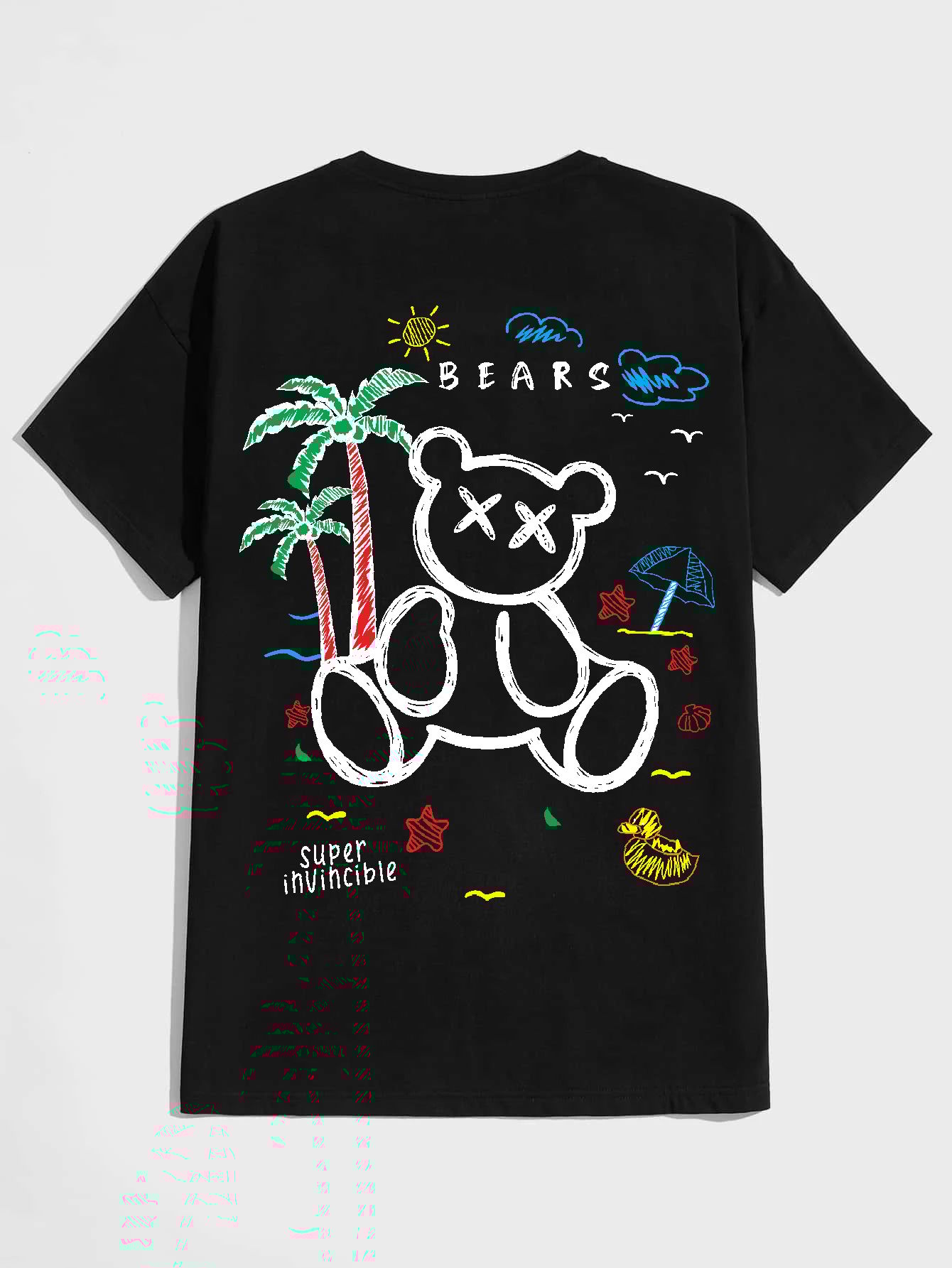 SCOTT FINCHER Men's Black T-Shirt with Colorful Cartoon Bear Graphic and "BEARS super invincible" Text : AA(HSR)BLACK_14