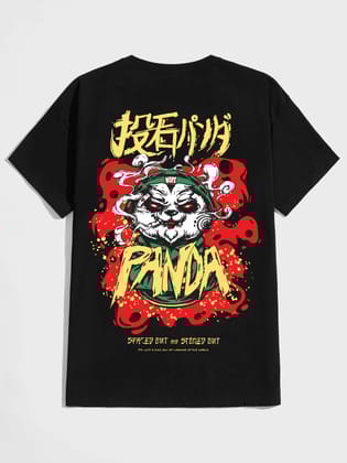 SCOTT FINVHER Men's Black Cotton T-Shirt with Panda Graphic and Chinese Characters : AA(HSR)BLACK_30