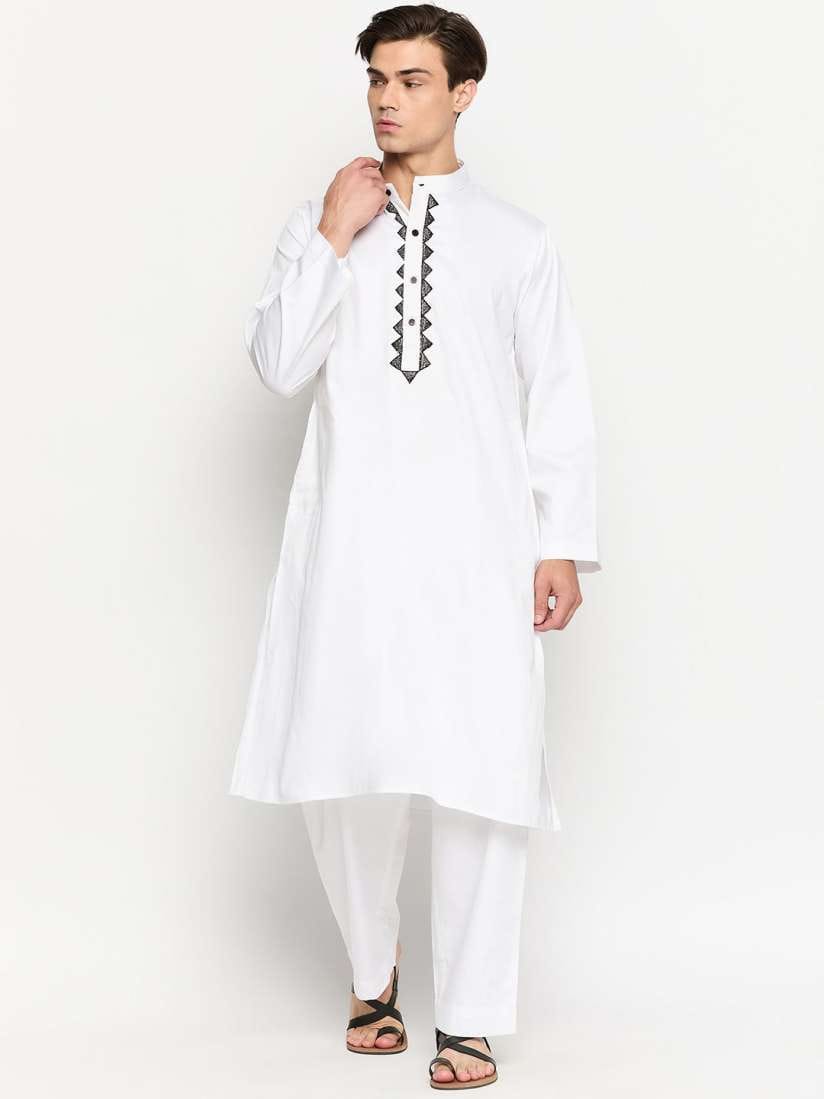 Men's White Cotton Embroidered long Kurta
