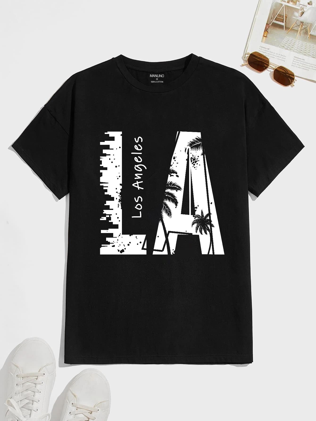 SCOTT FINCHER Men's Black T-shirt with White Los Angeles Graphic : AA(HSR)BLACK_49