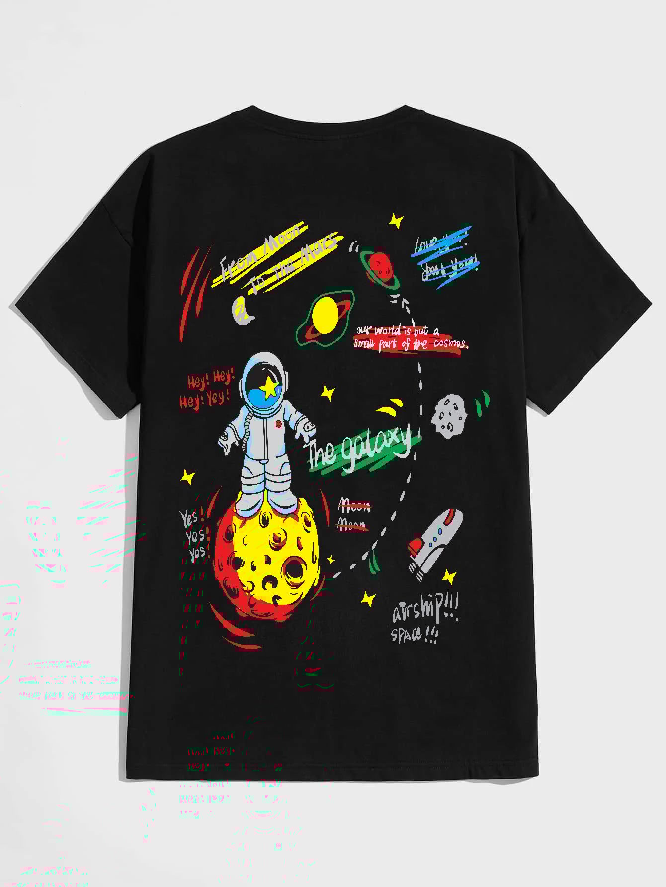 SCOTT FINCHER Men's Black Short Sleeve T-Shirt with Cartoon Astronaut and Planet Graphic : AA(HSR)BLACK_52