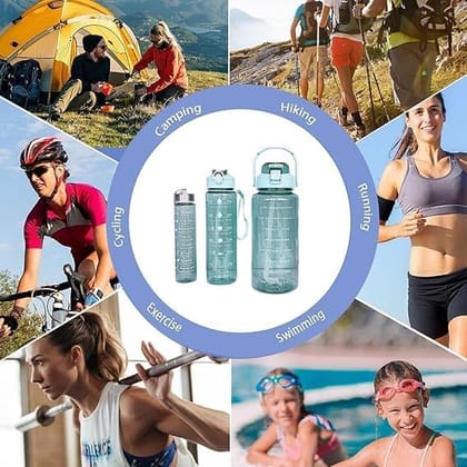 3-in-1 Transparent Water Bottle Set (2000ML, 900ML, 300ML) water bottle with straw and handle, BPA free plastic water jug for sports fitness camping hiking