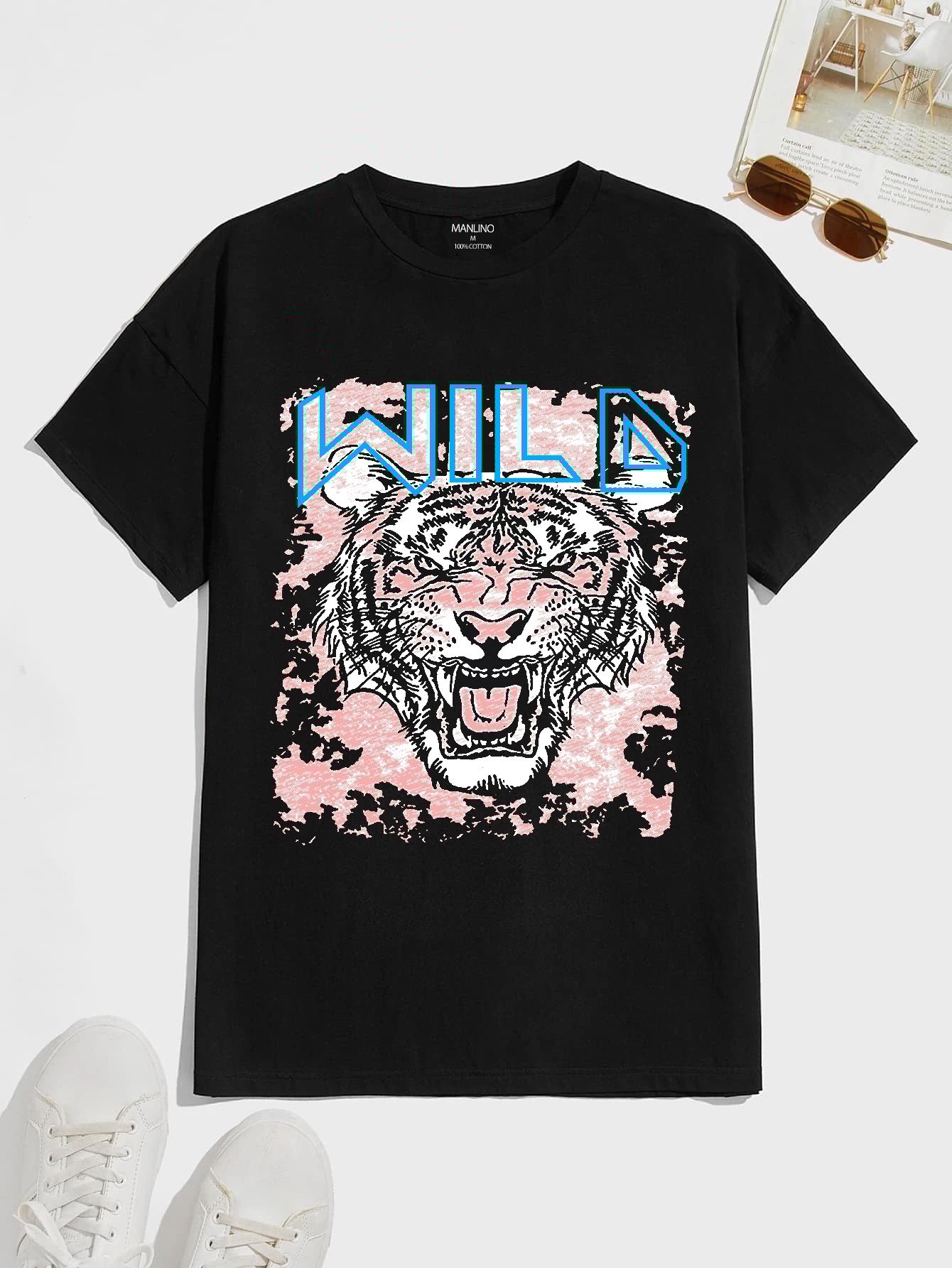 SCOTT FINCHER Black T-Shirt with a Tiger Graphic Print : AA(HSR)BLACK_59