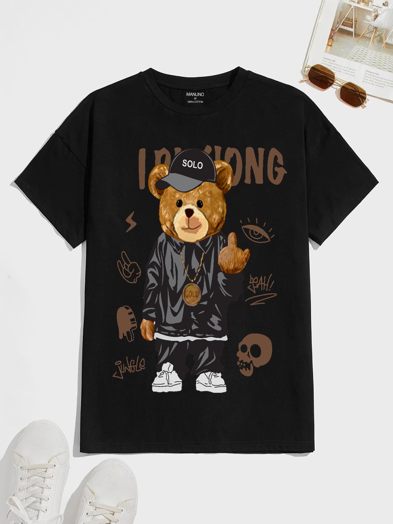 SCOTT FINCHER Men's Black T-shirt with a cartoon bear in a black jacket and gold chain : AA(HSR)BLACK_64