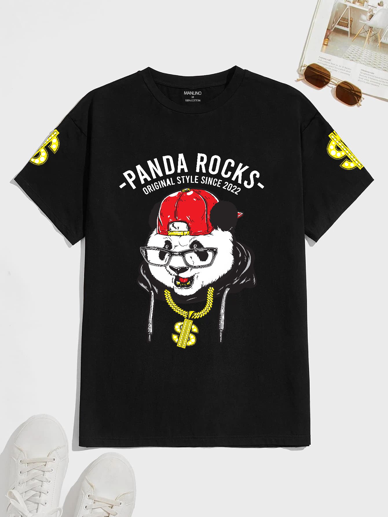 SCOTT FINCHER Men's Panda T-Shirt, Cotton blend, Black, Short Sleeve, Crew Neck, Regular Fit : AA(HSR)BLACK_119