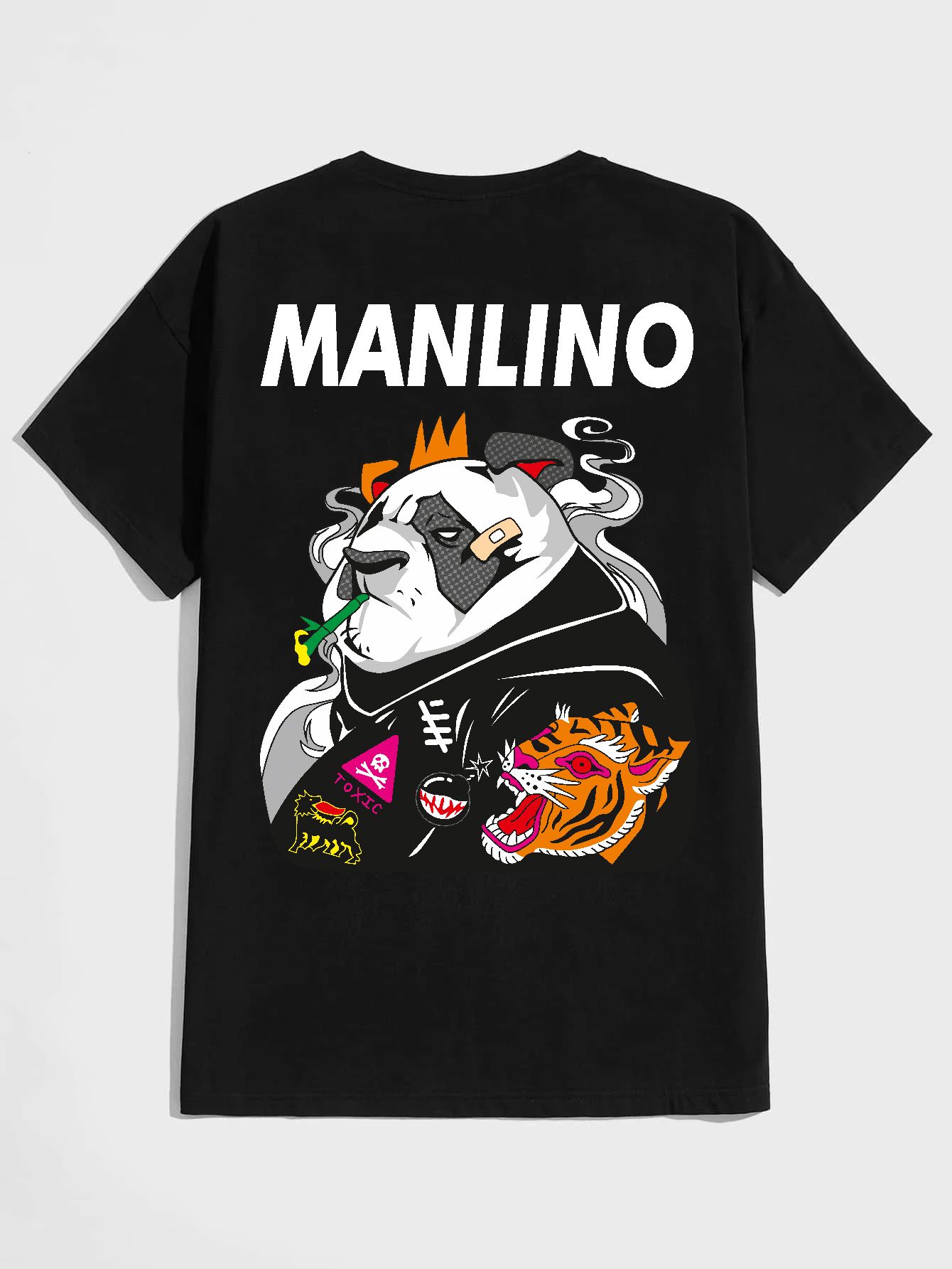 SSCOTT FINCHER Men's Black T-Shirt with Panda and Tiger Graphic Design : AA(HSR)BLACK_123