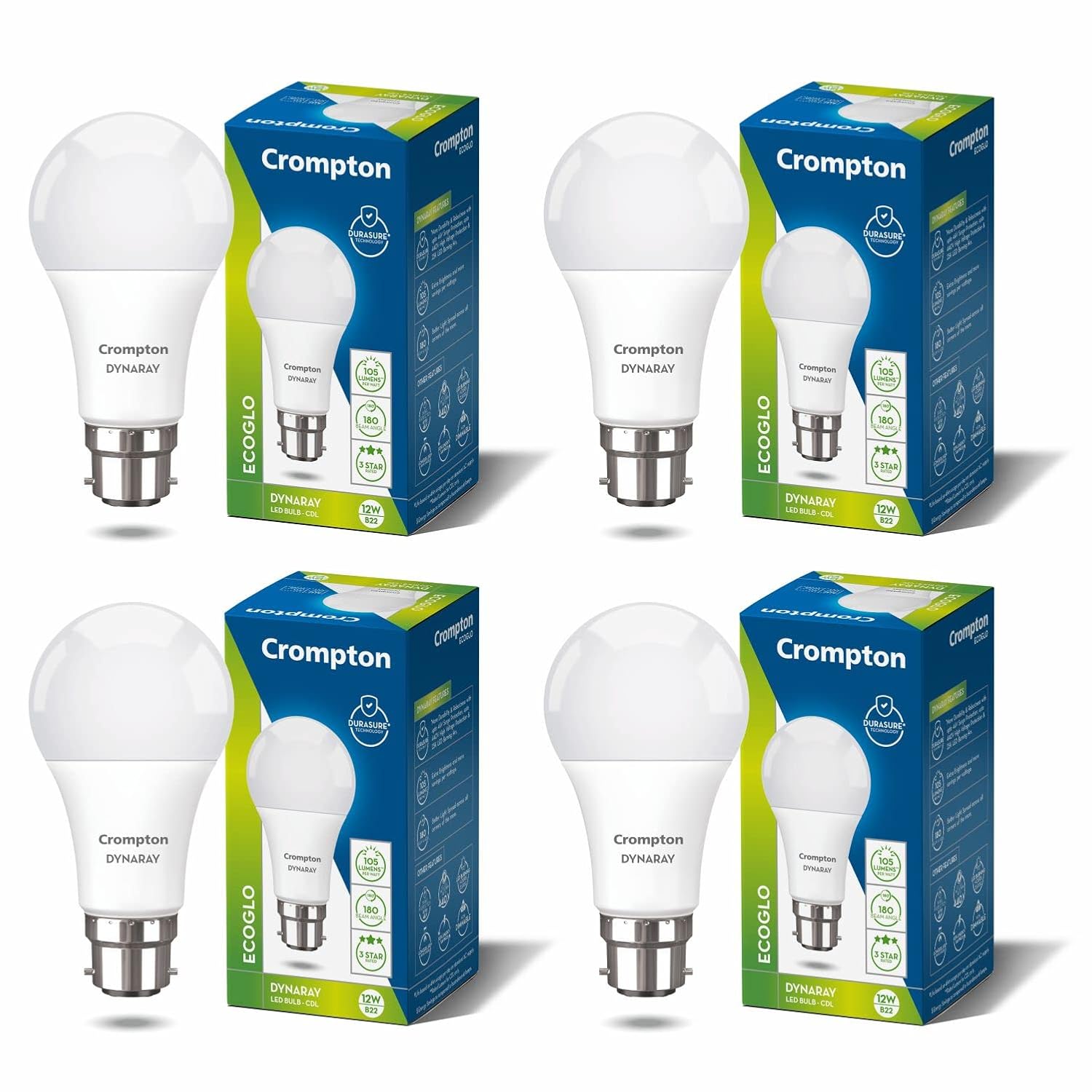 Crompton DynaRay 9W LED Bulb | Cool Day Light | B22 Base | 180 Beam | Surge & High Voltage Protection | Pack of 4