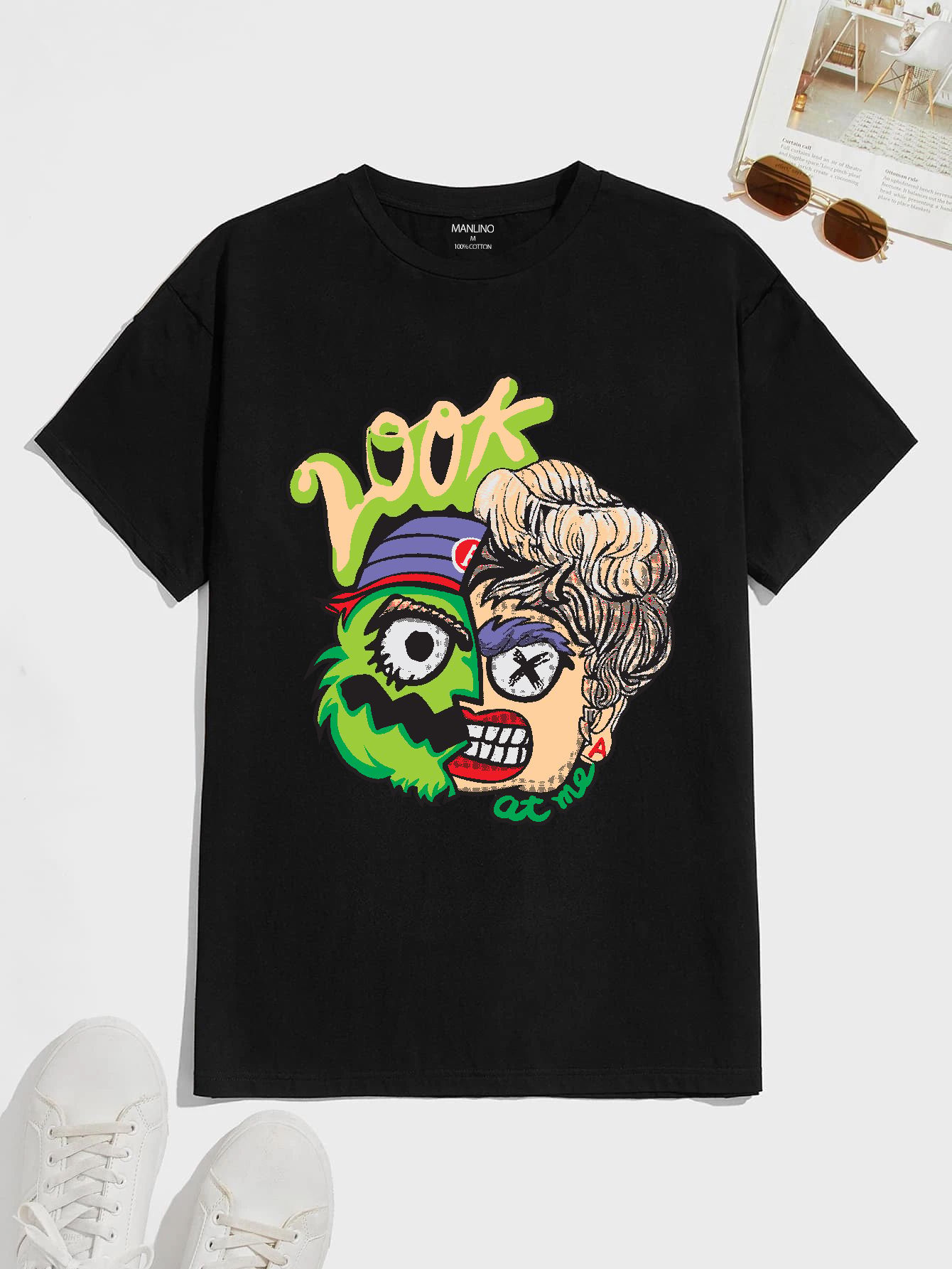SCOTT FINCHER Men's "Look at Me! Funny Cartoon Graphic Print Black T-Shirt" : AA(HSR)BLACK_128