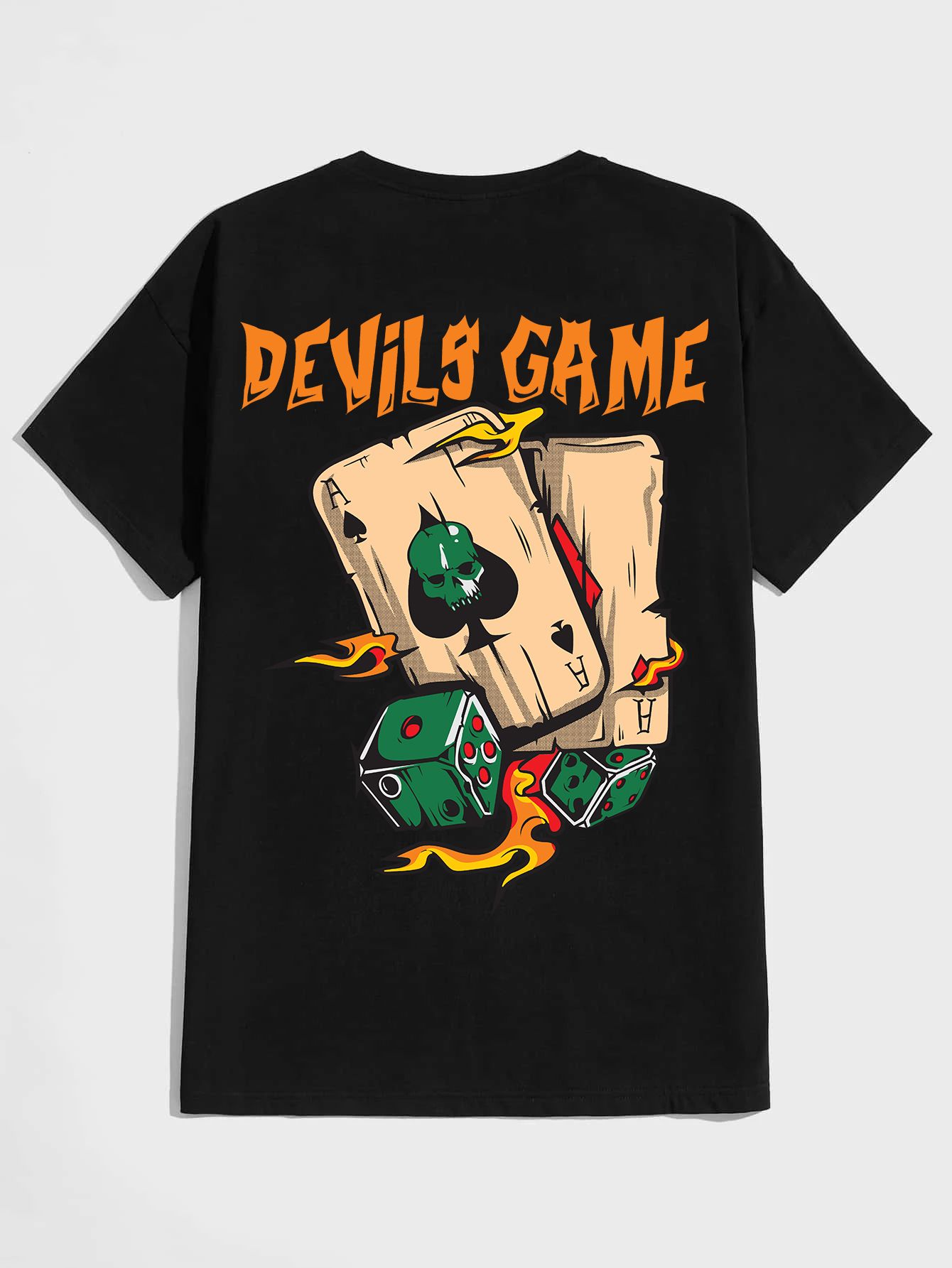 SCOTT FINCHER Men's Graphic T-Shirt Featuring an Edgy Devil's Game Design with Flaming Dice and Playing Cards, Perfect for Poker Nights and Casual Wear : AA(HSR)BLACK_139