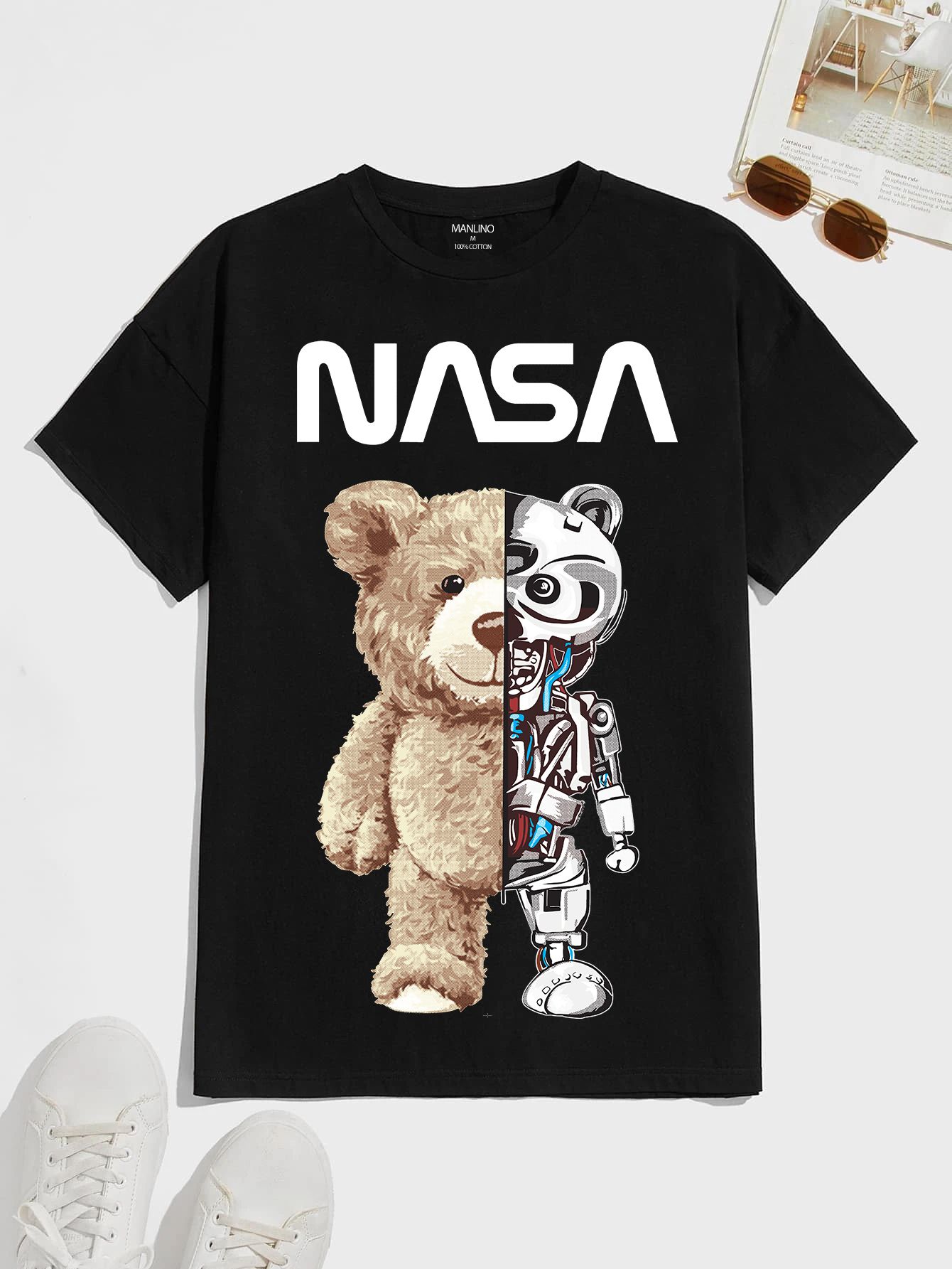 SCOTT FINCHER Men's Black T-shirt with NASA and bear graphic : AA(HSR)BLACK_143