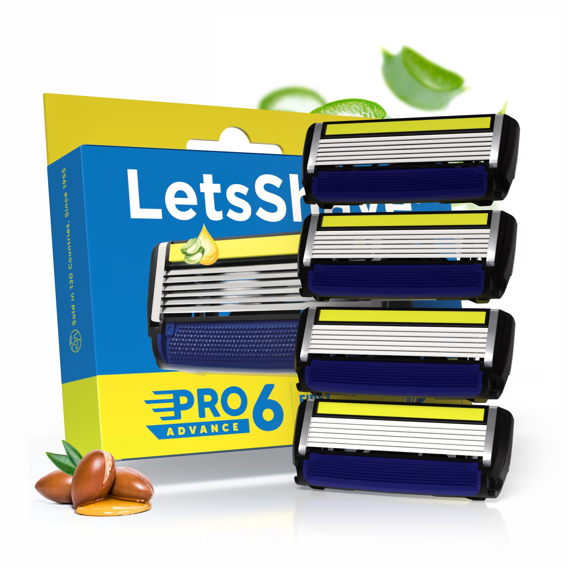 LetsShave Pro 6 Advance Face & Body Shaving Razor Blade Refills/Cartridges | World's First 6-Blade Razor with Precision Trimmer | Argan Oil & Aloe Vera Infused Moisture Bar | Pack of 4
