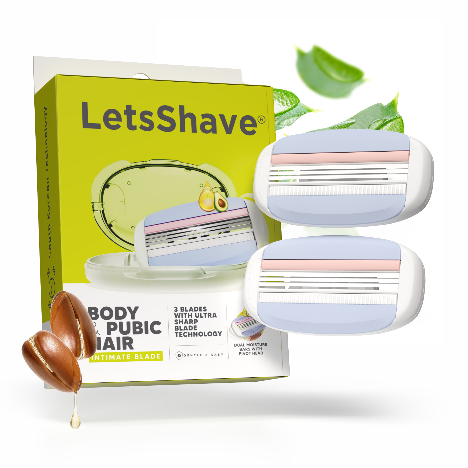 LetsShave Body and Groin Razor Blades for Men | 3 Blade painless Groin and Body Hair Remover with Dual Moisture Bars | Made in South Korea | Pack of 2