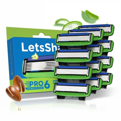 LetsShave Pro 6 Sensitive Face & Body Shaving Razor Blade Refills/Cartridges World's First 6-Blade Razor| Pack of 12 Blade Refills