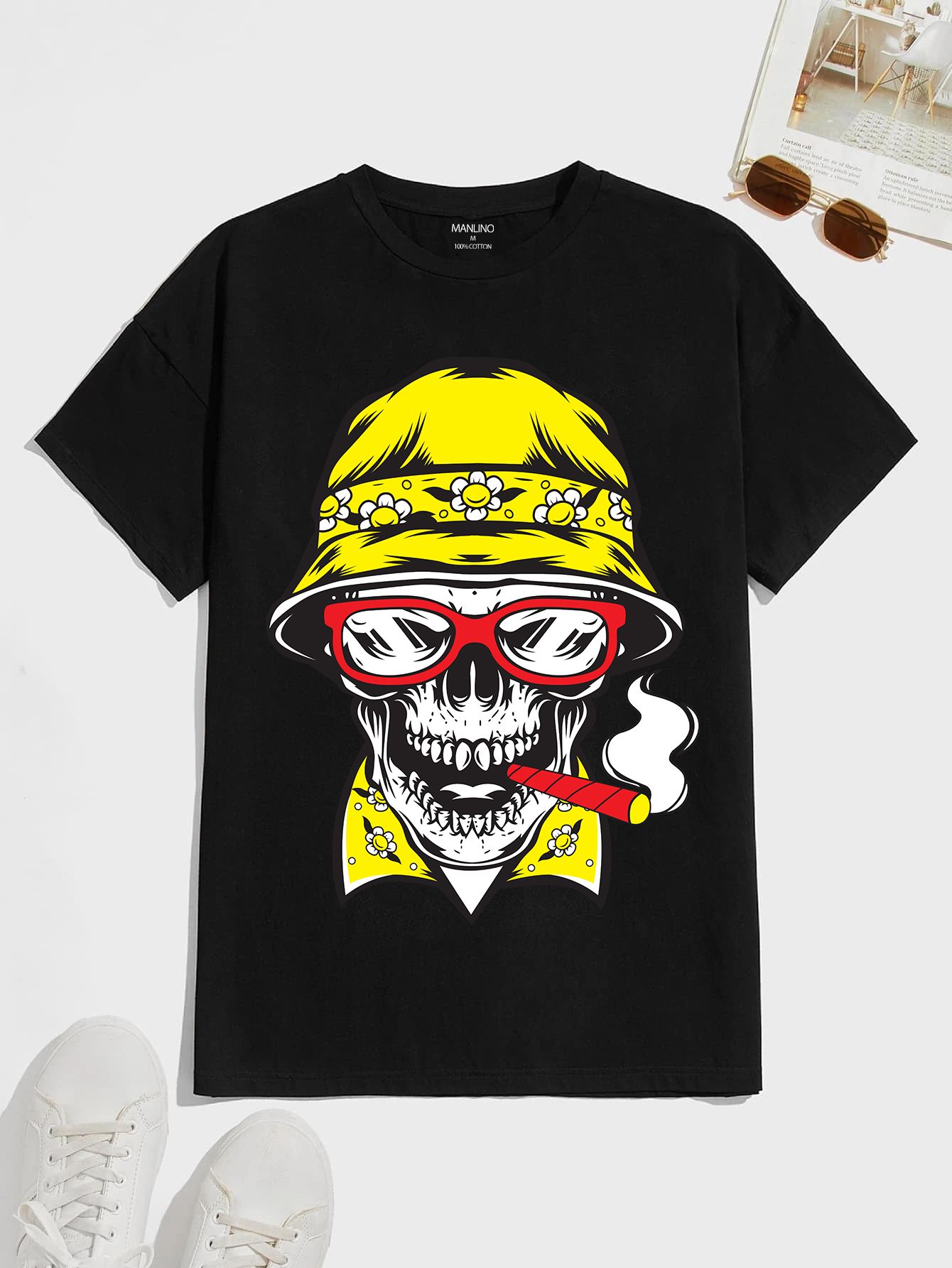 SCOTT FINCHER Men's Black T-Shirt with a Graphic of a Skull Wearing a Yellow Hat and Smoking a Cigar Print : AA(HSR)BLACK_146