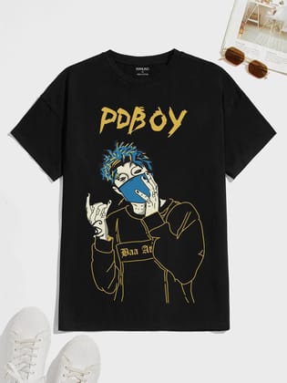 SCOTT FINCHER Men's Black T-shirt with a graphic of a man wearing a mask and the word "PDBOY" written in graffiti-style text : AA(HSR)BLACK_148