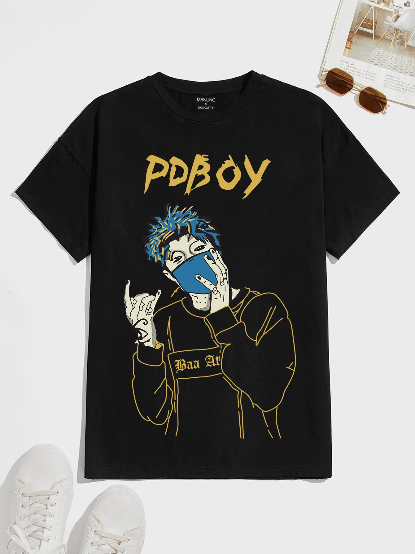 SCOTT FINCHER Men's Black T-shirt with a graphic of a man wearing a mask and the word "PDBOY" written in graffiti-style text : AA(HSR)BLACK_148