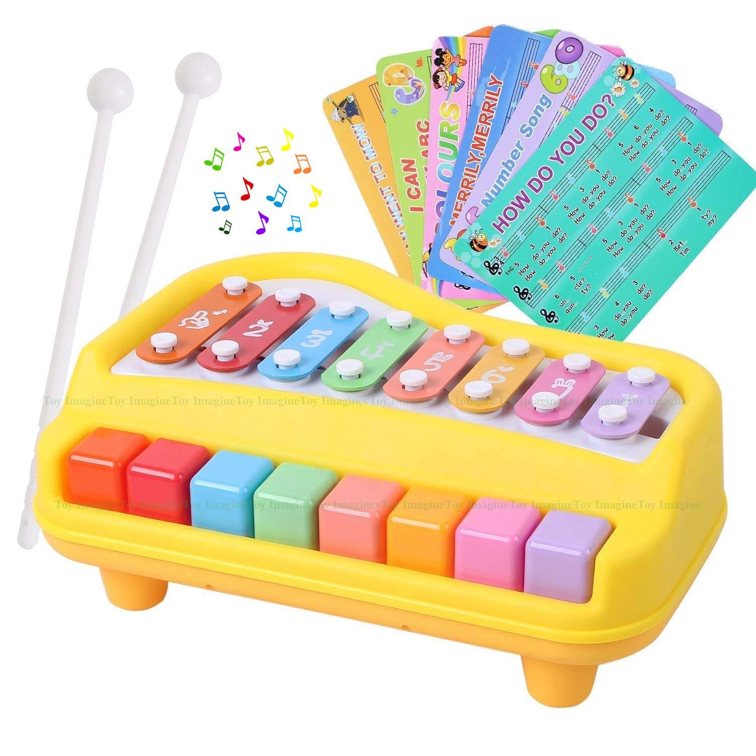 2 in 1 Baby Xylophone Piano Musical Toy for 1 - 3 Year Old Kids 8 Keys Xylophone Piano with 6 Pieces of Scores and Sticks Musical Learning Instruments Toy for Baby Kids Girls Boys