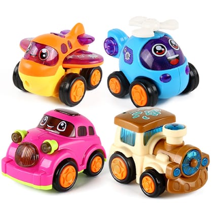KTRS ENTERPRISE Die-Cast ABS Plastic Friction Powered Unbreakable Push and Go Toy for Kids (Car, Train, Plane & Helicopter) - Set of 4