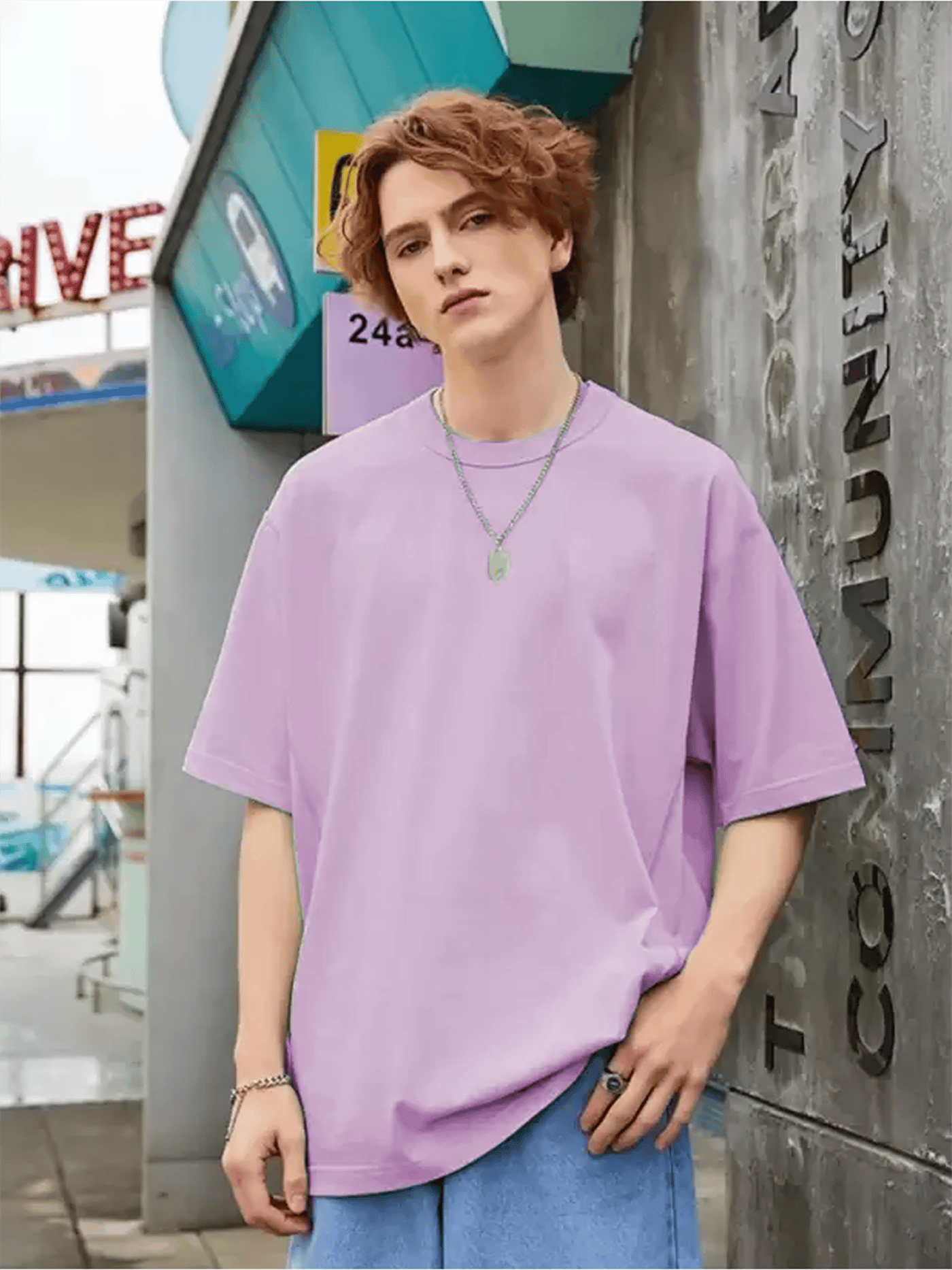 SCOTT FINCHER Men's Lavender Oversized Cotton T-Shirt - Crew Neck, Short Sleeve : AA(PARN)LAVANDER