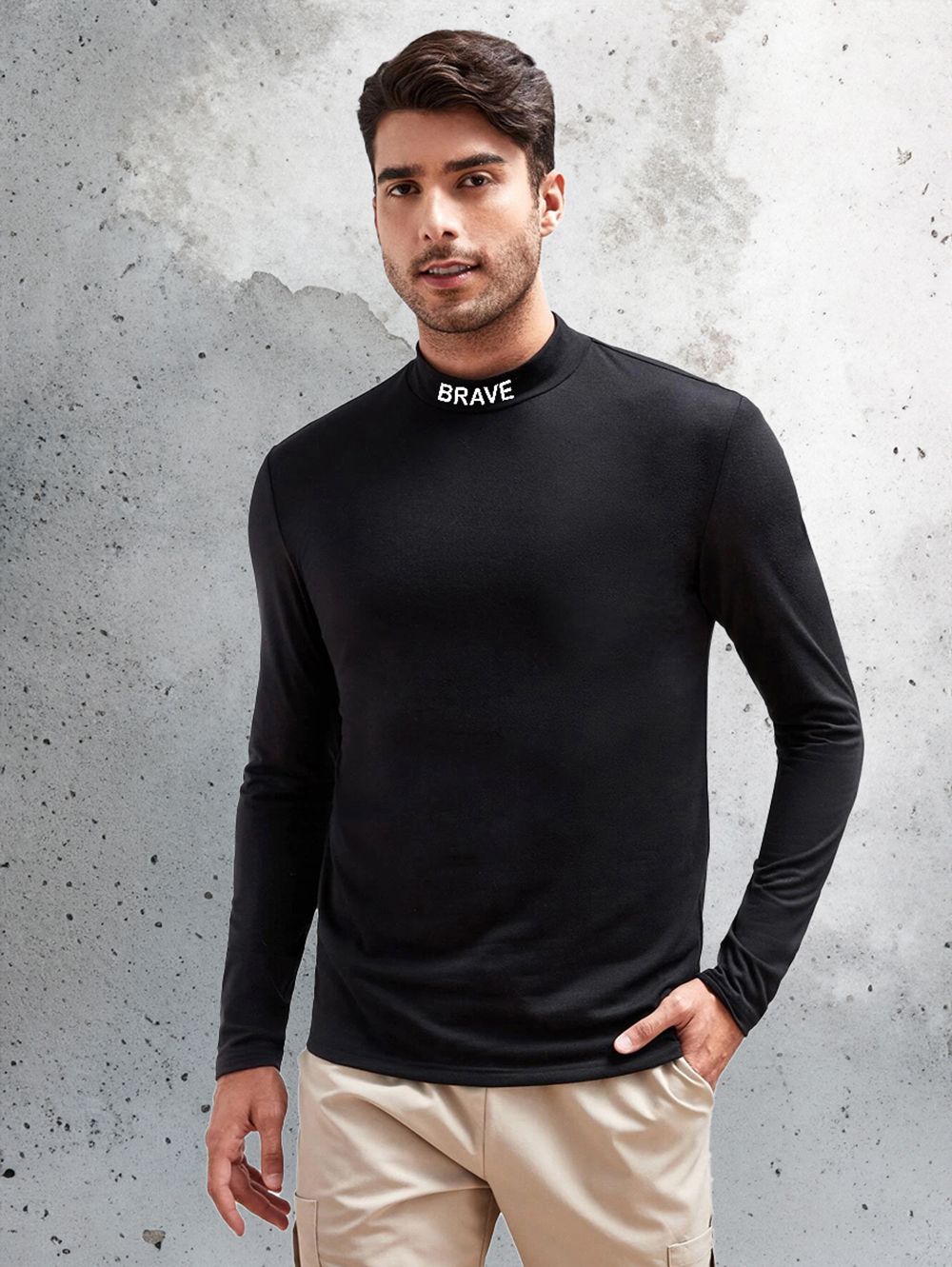 SCOTT FINCHER Men's Casual Long Sleeve Turtleneck Shirt* Gothic Style BRAVE Printed T-shirt* Black Streetwear Hip Hop Turtleneck Top* Winter Warm Pullover T-shirt for Men : AA(FNT)BLACK_161