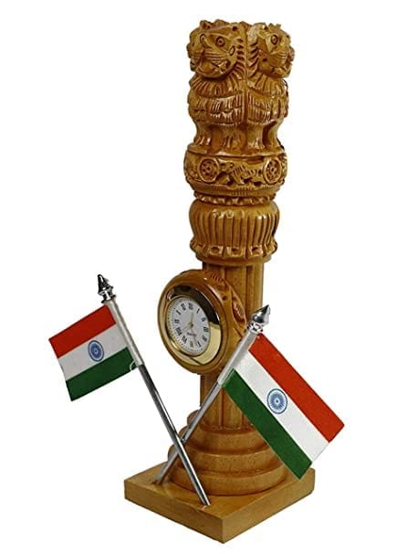 Handmade Wooden Indian Flag Table Clock With Ashoka Stambh 8 Inche, National Symbol Of India.