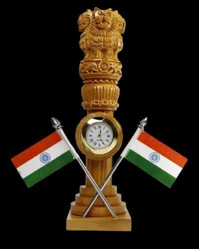 Handmade Wooden Indian Flag Table Clock With Ashoka Stambh 8 Inche, National Symbol Of India.