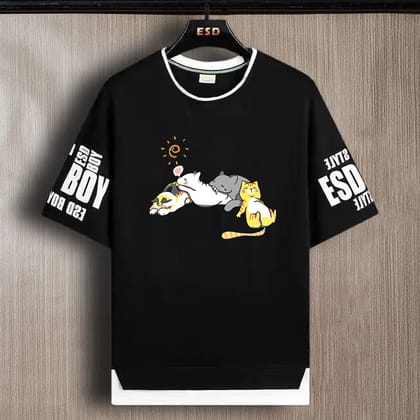 SCOTT FINCHER Men's Black Tipped Neck Half sleeve Graphic Printed T-shirt : AA(TIPARN)BLACK_184