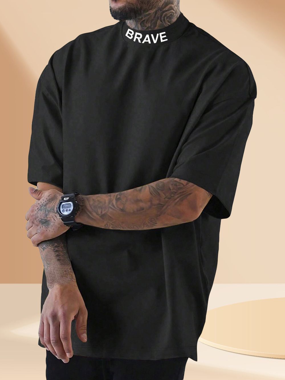 SCOTT FINCHER Men's Short Sleeve T-Shirt Casual High Neck Tee Shirt Tops : AA(TNH)BLACK_161