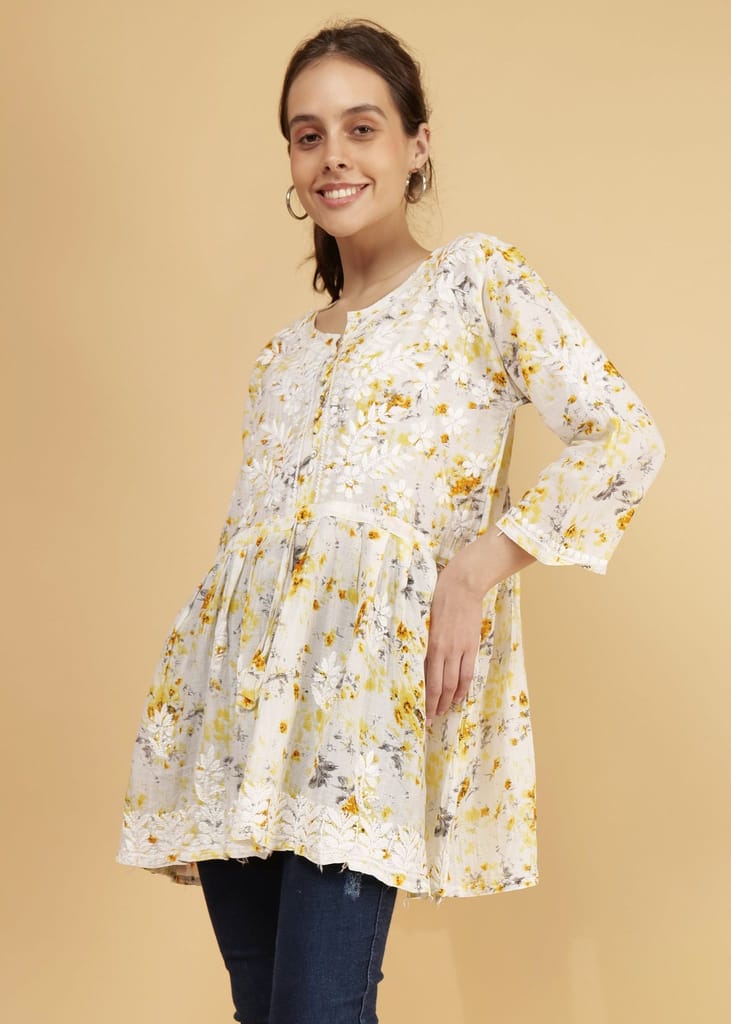 Mulmul Short Frock Style Chikankari Kurti - Floral Print Yellow