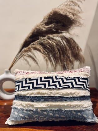 KRI India Distressed Horizontal Patchwork Cushion Covers 12x18" | Off White base with multicoloured patchwork  | Wash & Care | 100% Cotton | Handcrafted in India. 100% organic & natural.