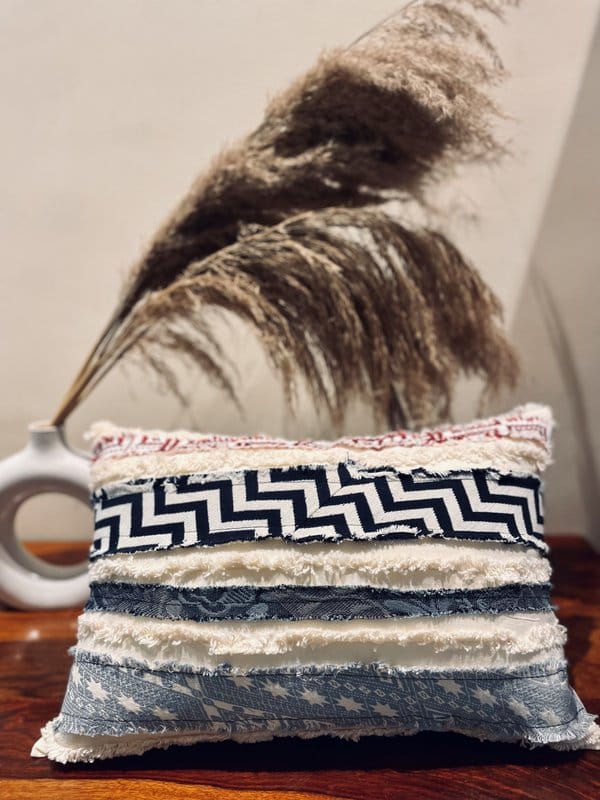 KRI India Distressed Horizontal Patchwork Cushion Covers 12x18" | Off White base with multicoloured patchwork  | Wash & Care | 100% Cotton | Handcrafted in India. 100% organic & natural.