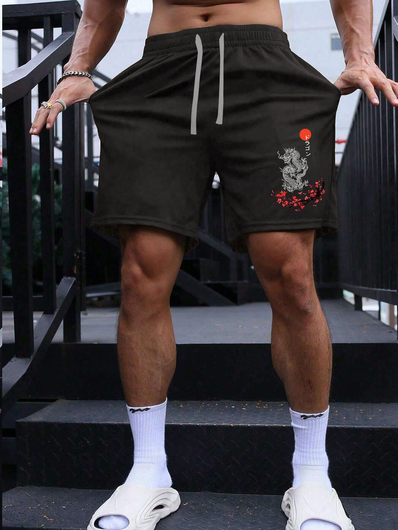 SCOTT FINCHER Black Dragon Print Shorts for Men - Casual Summer Beach Shorts with Pockets : AA(SRT)BLACK_279