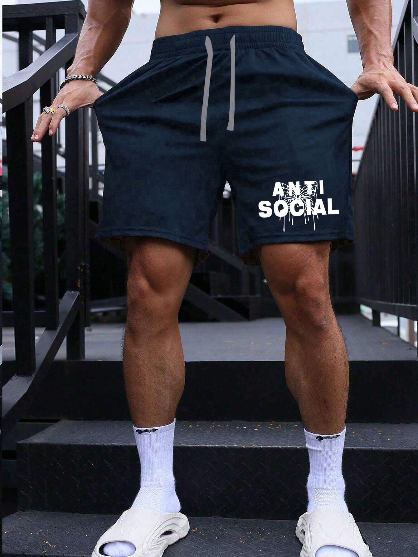 SCOTT FINCHER Men's Anti Social Graphic Printed Shorts : AA(SRT)NAVY_281