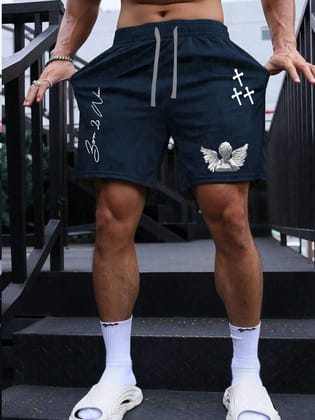 SCOTT FINCHER  Men's Navy Blue Angel Print Shorts : AA(SRT)NAVY_286