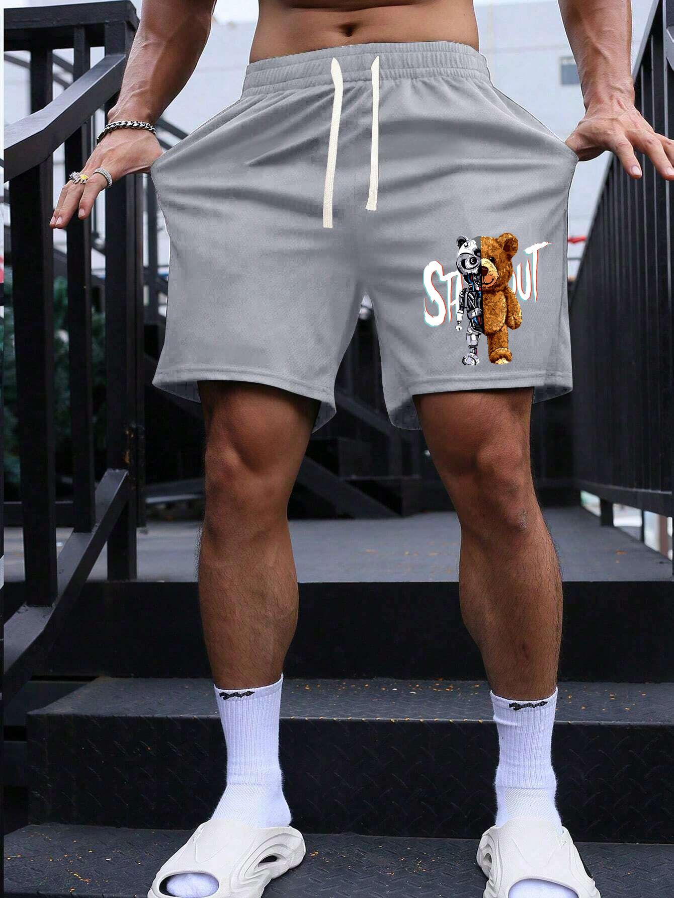 SCOTT FINCHER Men's Summer Casual Shorts with Unique Teddy Bear Graphic Design, Breathable and Comfortable Beach Shorts for Men : AA(SRT)GREY_289