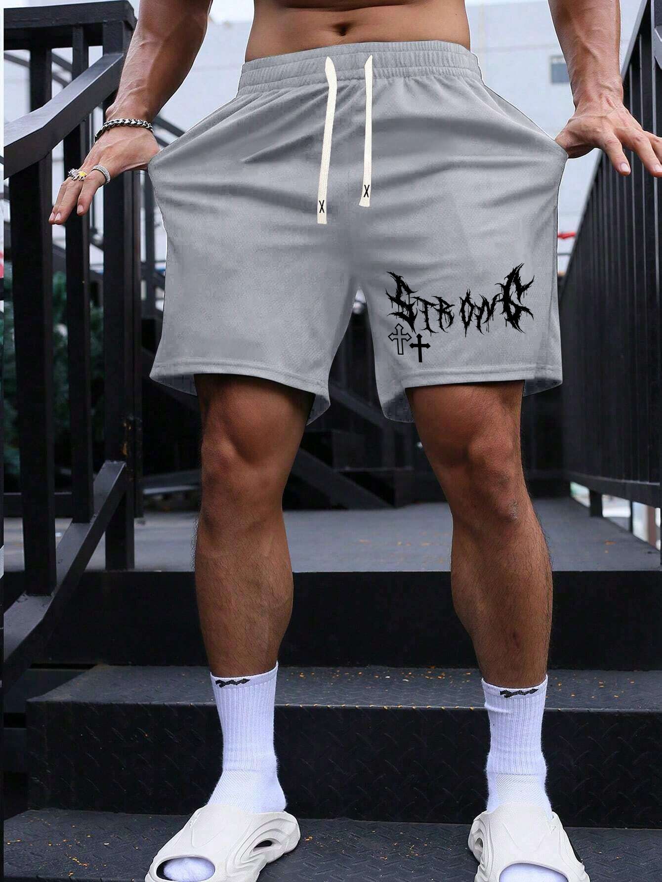 SCOTT FINCHER Men's Gothic Cross Print Casual Shorts Summer Beach Shorts Streetwear Hip Hop Shorts with Pockets : AA(SRT)GREY_297