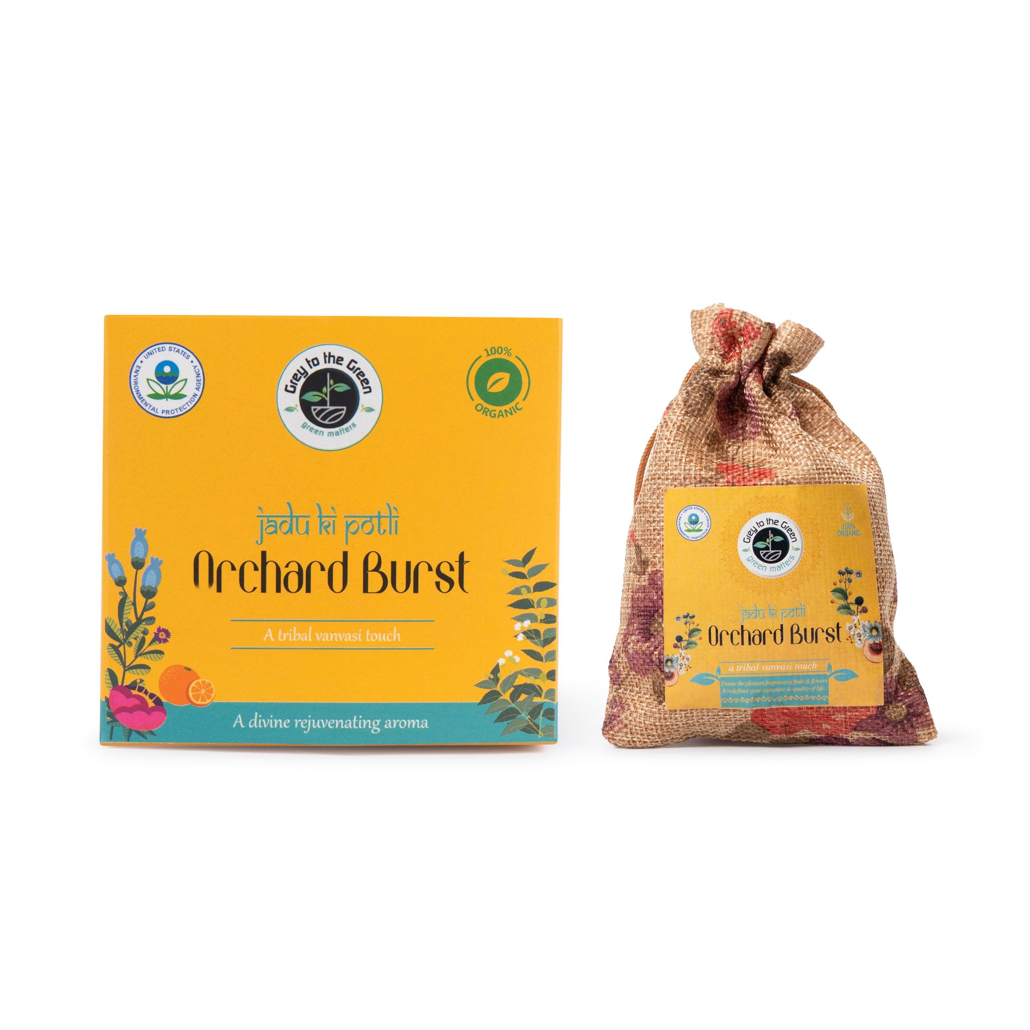 Orchard Burst - Rejuvenate aroma of wild citrus Organic | Car Freshener | 60 Days Freshness | For Home, Kitchen, Office, washroom | Tribal Western Ghats  | US-EPA registered | 30 Grams