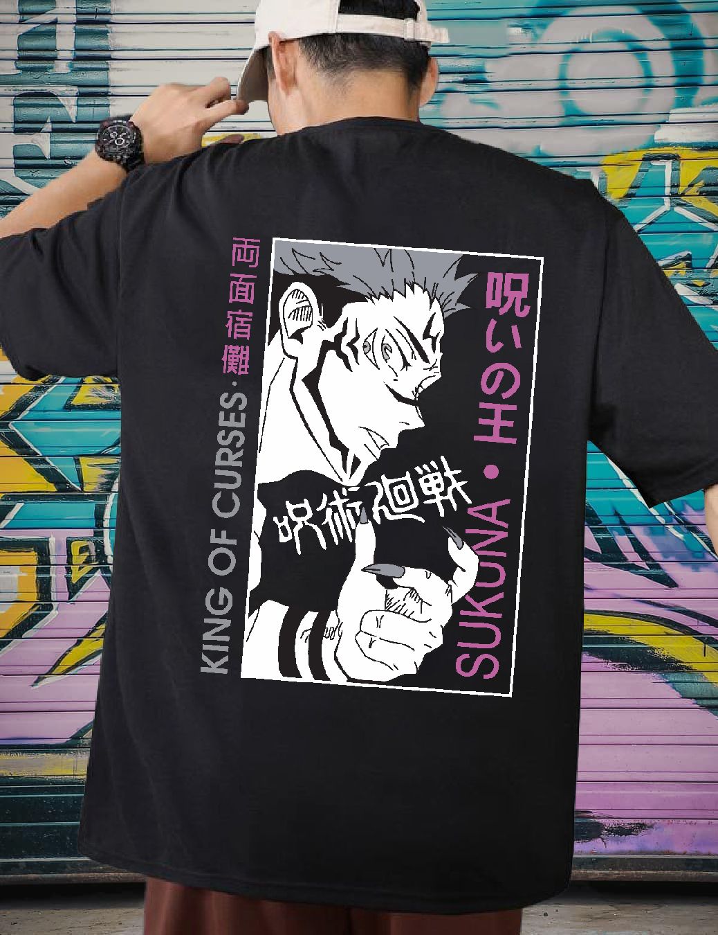 SCOTT FINCHER Men's Black T-shirt with a graphic of Sukuna from the anime series Jujutsu Kaisen : AA(ARN)BLACK_145