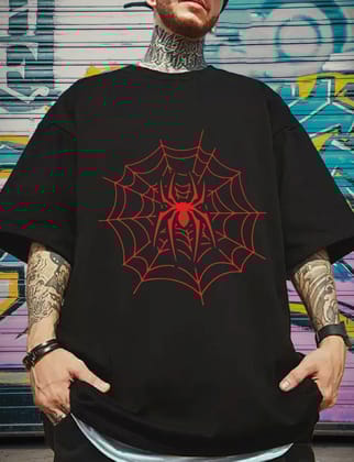 SCOTT FINCHER Men's Black T-Shirt with Red Spider Web Design : AA(ARN)BLACK_153