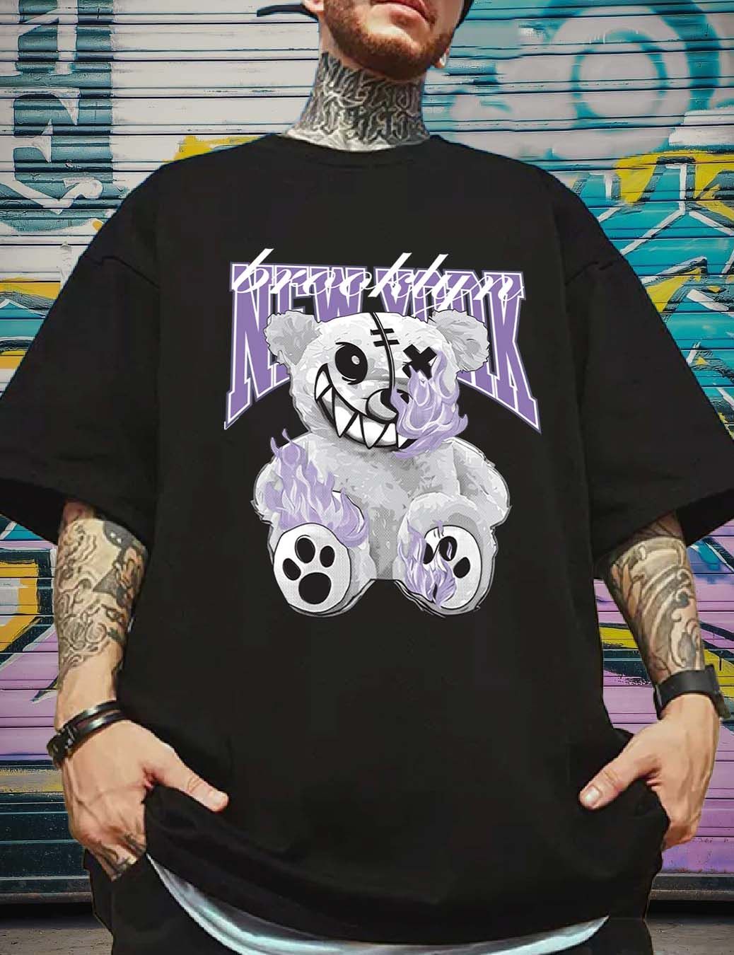 SCOTT FINCHER Men's Streetwear Oversized T-Shirt with Bear Graphic and Flame Detail : AA(ARN)BLACK_168