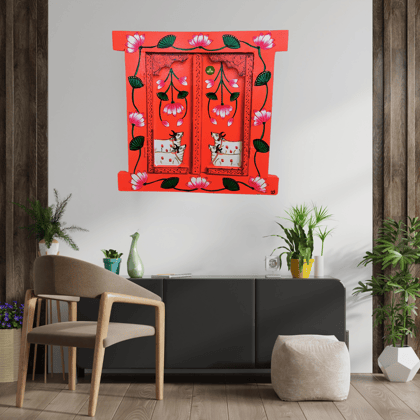 Hand Painted Pichwai Art Wooden Orange Color Jharokha With Door